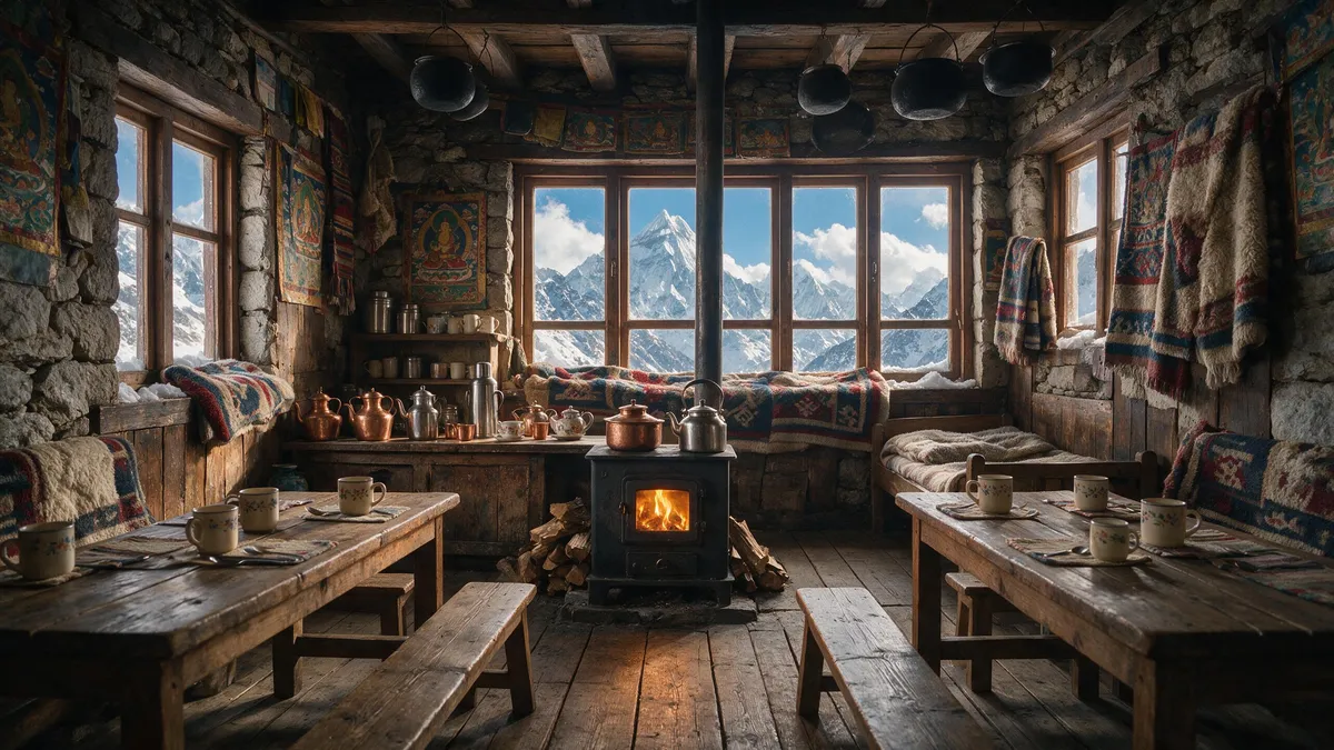 Inside a Khumbu teahouse where trekkers eat included meals on the way to Base Camp.