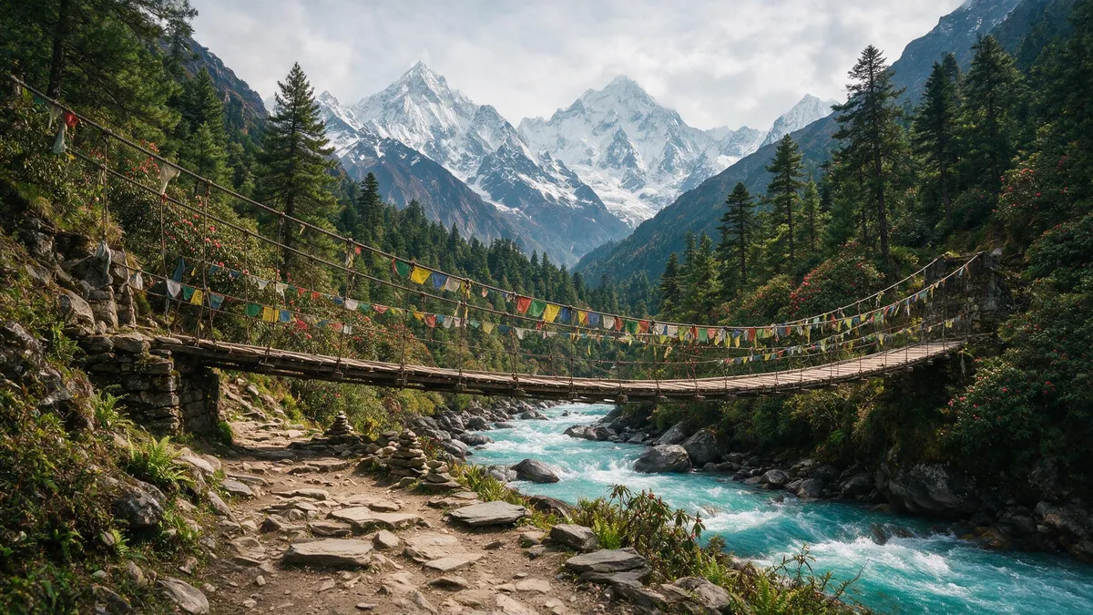 Trekkers on the Khumbu valley trail heading toward Everest Base Camp.